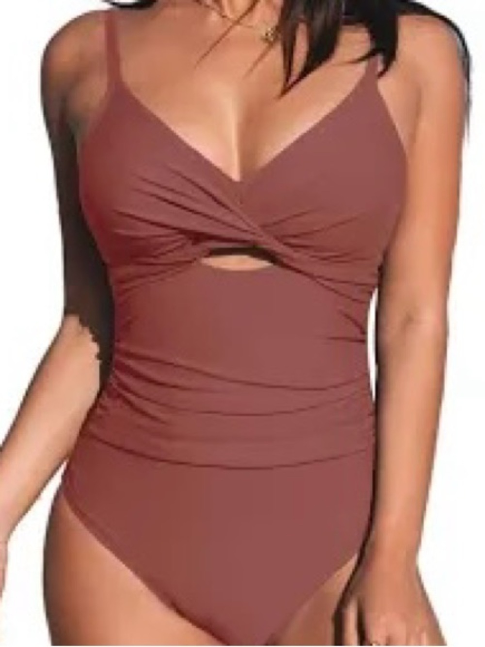 Cupshe Brown Twist Front One Piece Swimsuit NWT Size L Ruched Cutout